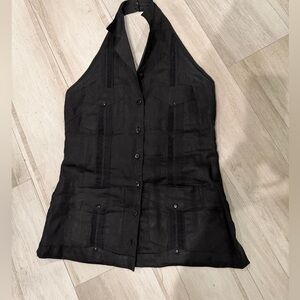 Women’s linen guayabera black halter Button down top